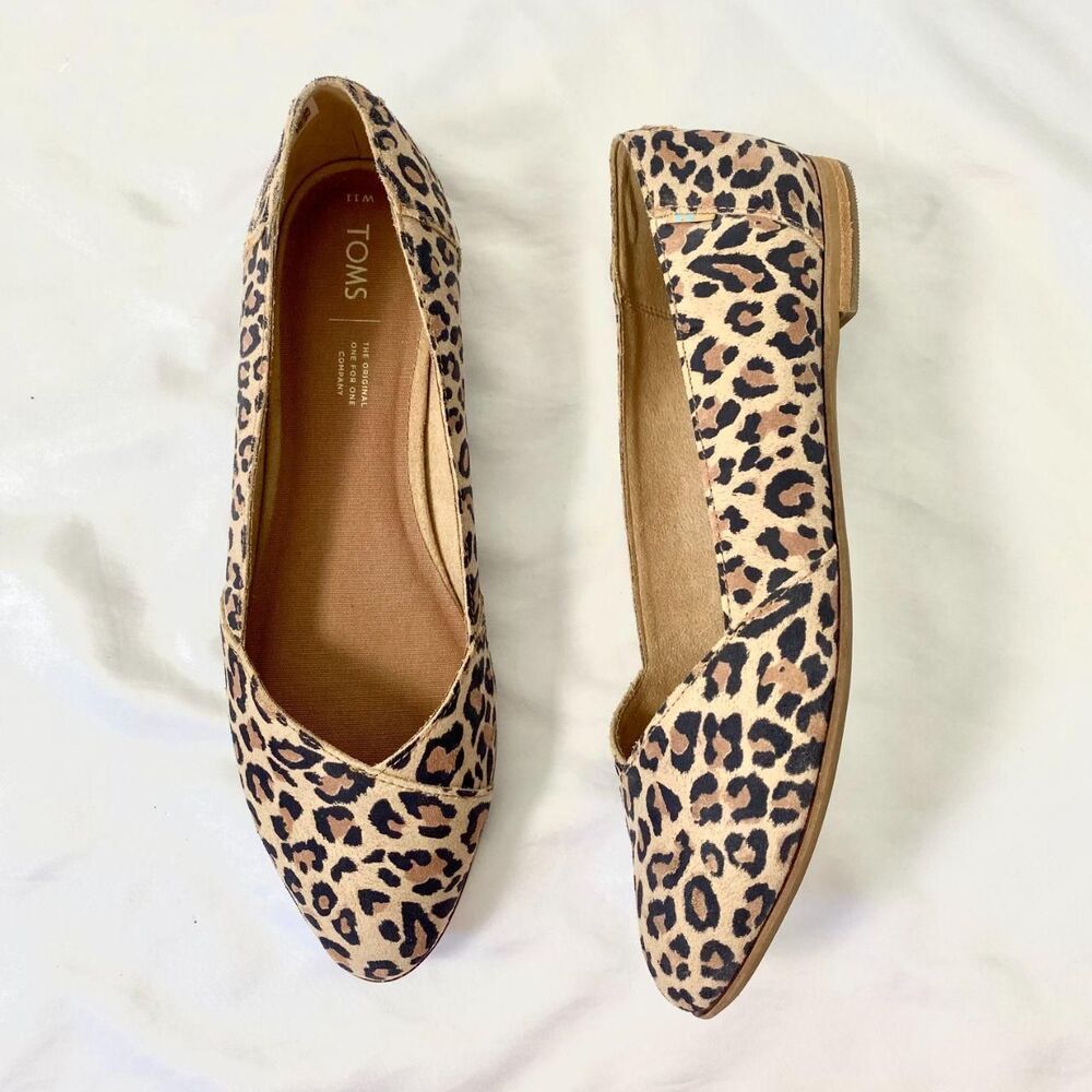 Toms Julie Brown Tan Minimalist Glam Leopard Suede Leather Ballerina Flats US 11